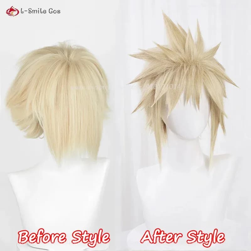 FF7 Cloud Strife 30 cm capelli corti dorati chiari resistenti al calore parrucche sintetiche per cosplay anime + cappuccio per parrucca