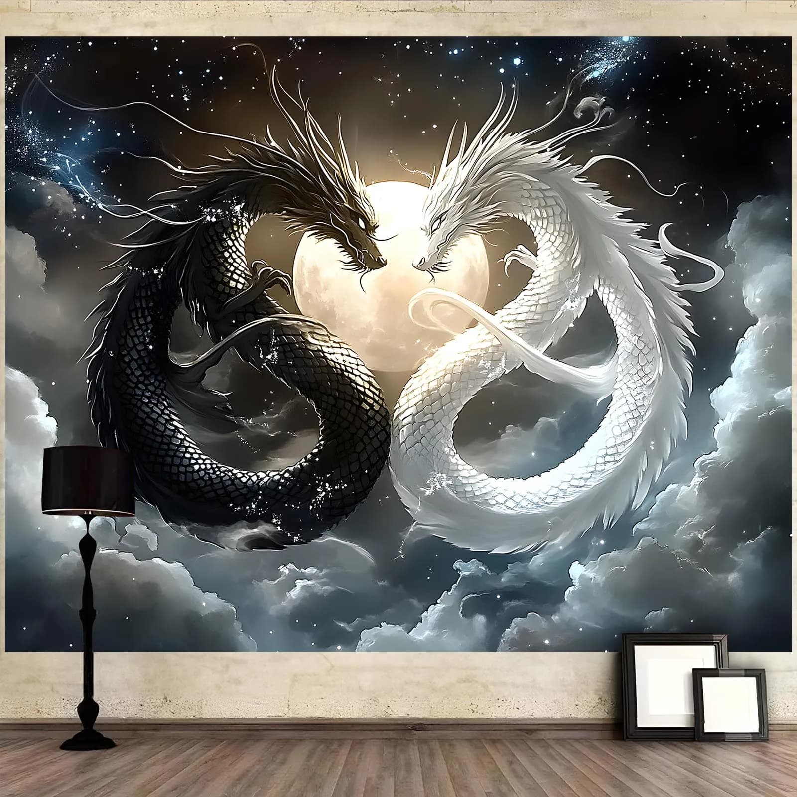 VIKAMA Yin Yang Double Dragon Tapestry Black and White Starry Sky Wall Carpet Majestic Star Moon Art Room Decoration