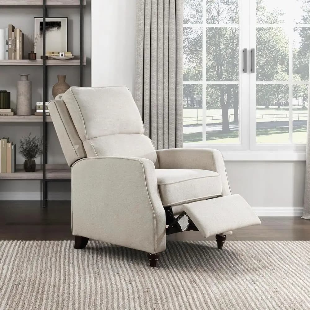 Textured Fabric Push Back Manual Recliner Chair, 29.5 W, Beige | Manual Accent Recliner with Track Arms & Bun Feet, Deep Cushion