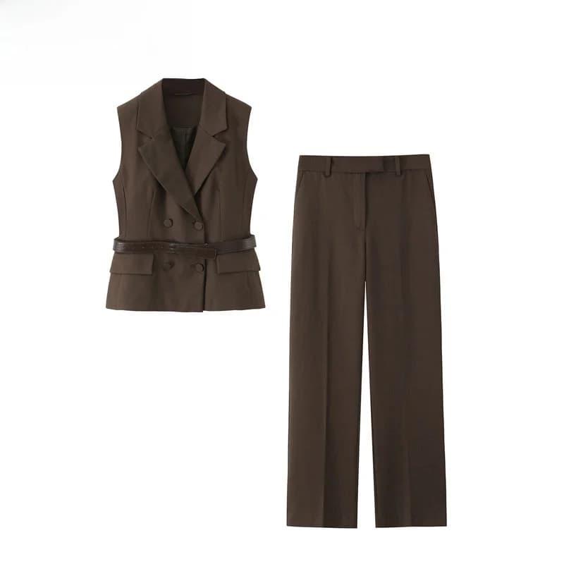Autumn women's suit 2025: Fashionable vest with belt and high waist straight leg pants