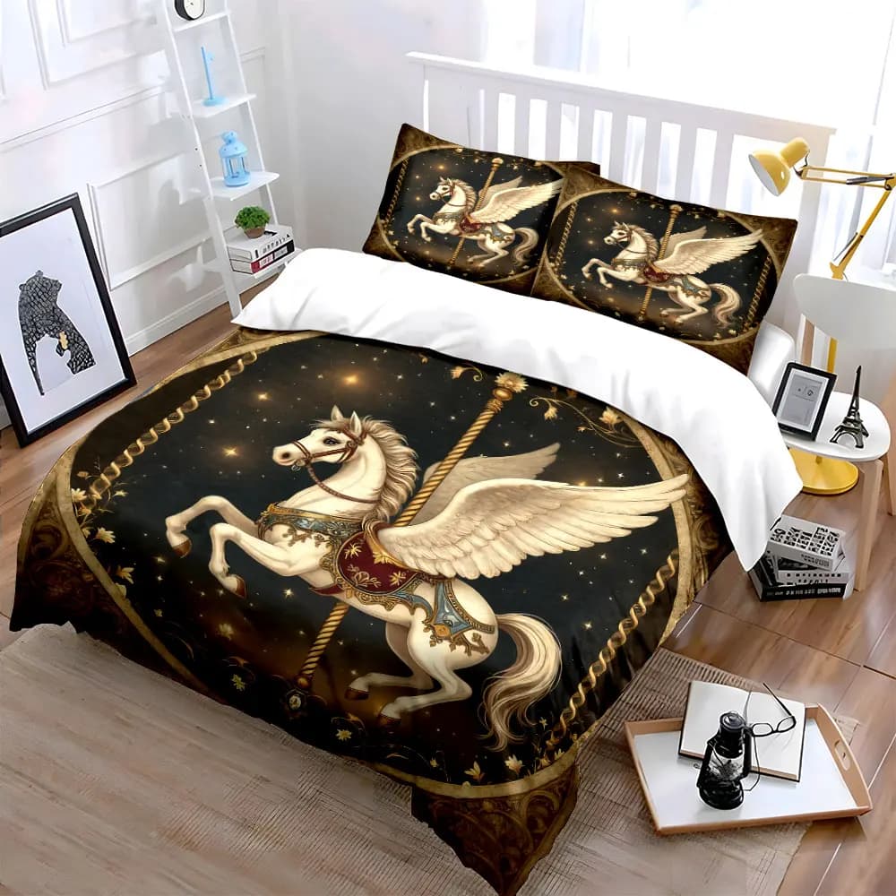 Elegante set di decorazioni a tema Pegaso, morbido e confortevole set di biancheria da letto con copripiumino, include 1 copripiumino e 2 federe, regalo