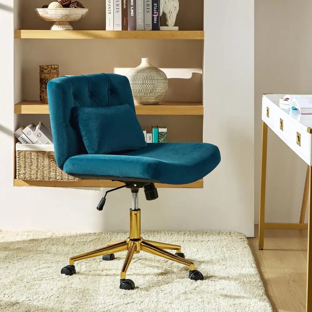 Sedia Criss Cross con ruote, sedia da scrivania con gambe incrociate e seduta larga, cuscino lombare, verde acquamarina