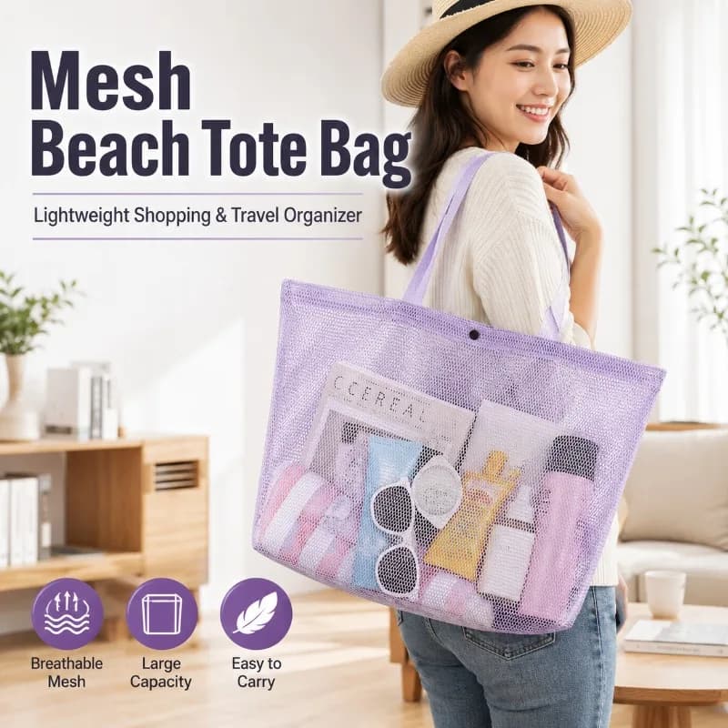 Mesh Beach Tote Bag Large Capacity Breathable Shopping Bag Foldable Travel Organizer Shoulder Hand Carry Net Bag for Daily Use