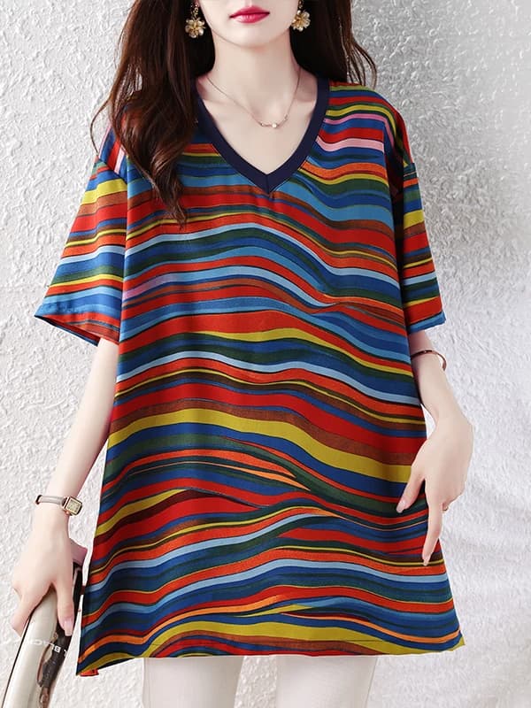 plus Size Women's Summer Fashion V-Neck Loose Casual T-Shirt Meat Concealing round Neck Pullover Striped Pattern Ladies' Top