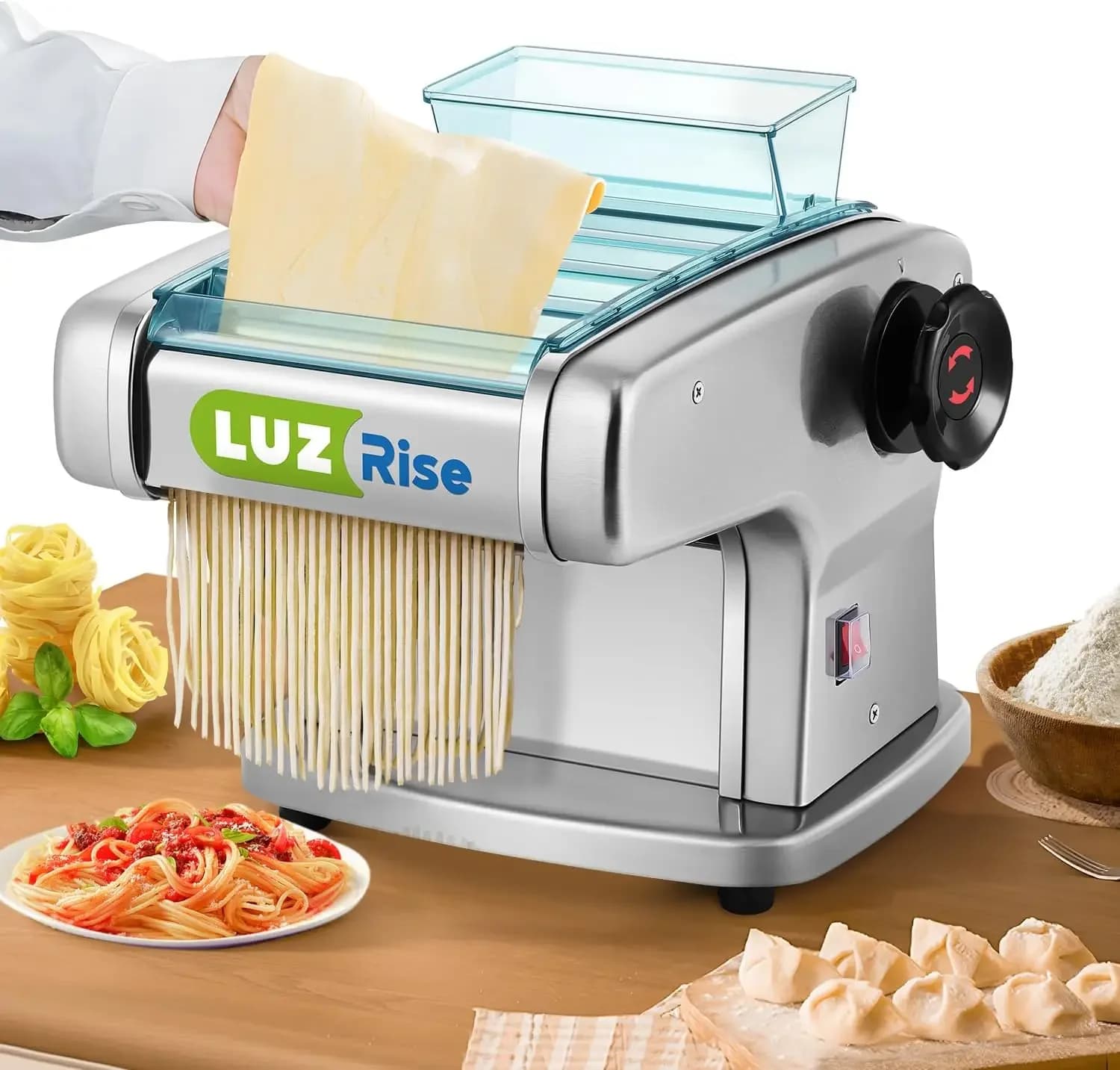 Macchina Elettrica per Pasta Fresca, Impastatrice Automatica in Acciaio Inox con 4 Lame per Pasta Piatta da 2mm, 2.5mm, 4mm e 9mm