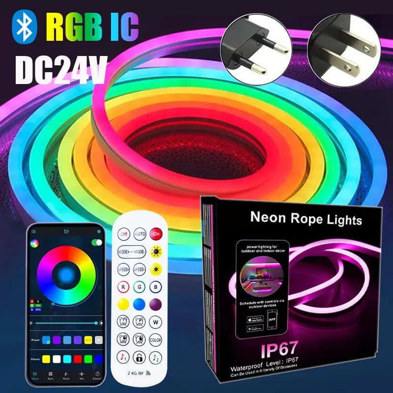 Striscia LED Neon Indirizzabile 24V 5M 10M 15M 20M con Controllo Remoto Bluetooth, Impermeabile per Illuminazione Esterna, Striscia RGBIC, Nastro Neon RGB