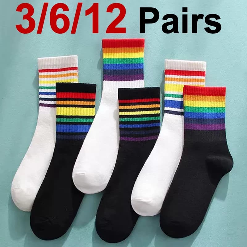 3/6/12 paia di calzini da donna in cotone a tubo centrale modello arcobaleno moda a righe che assorbono il sudore traspirante morbido e confortevole calzino casual