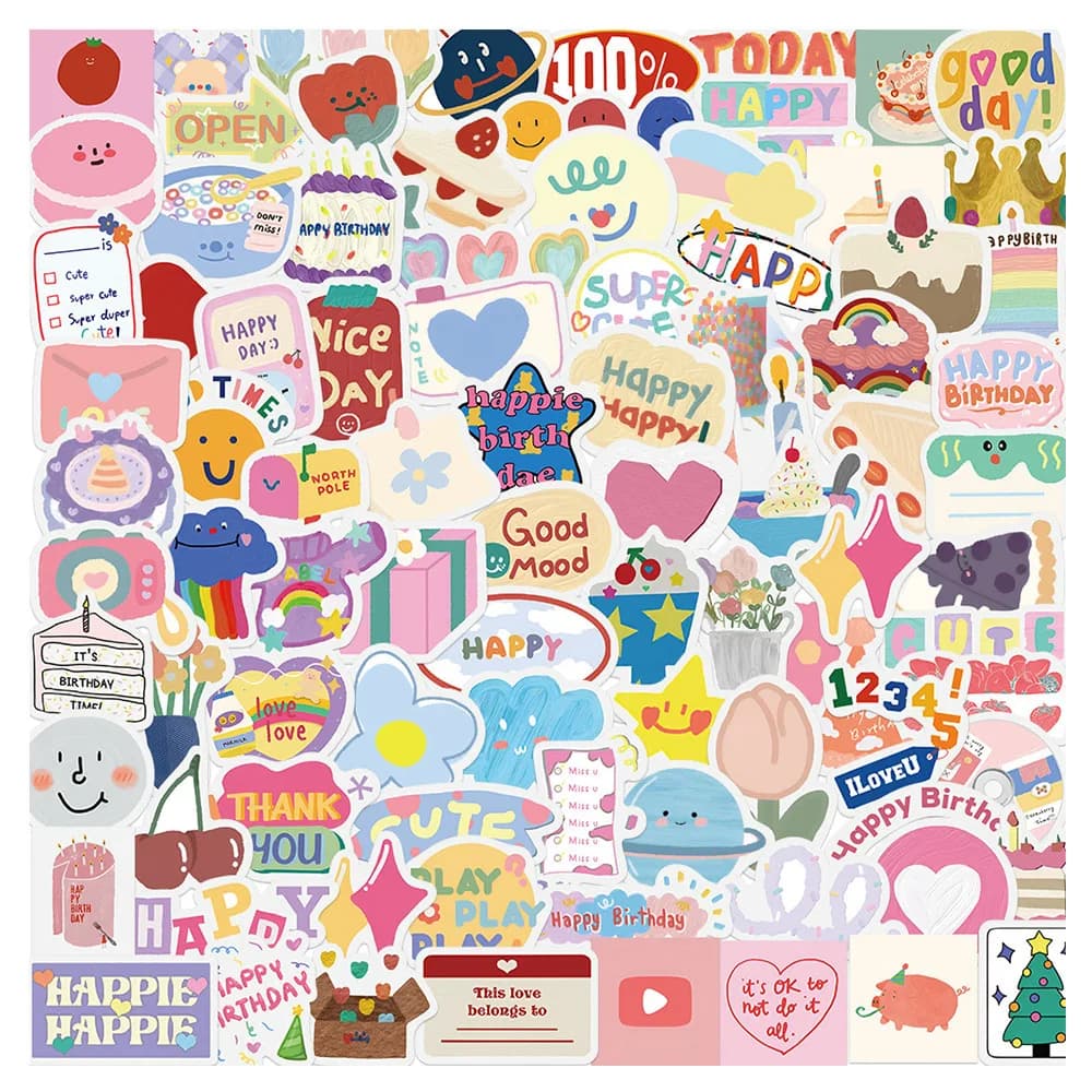 90 Pezzi Mini Adesivi 'Buon Compleanno' Decorazione Cartoon Graffiti per Valigie, Quaderni, Chitarre, Scrapbook, Impermeabili
