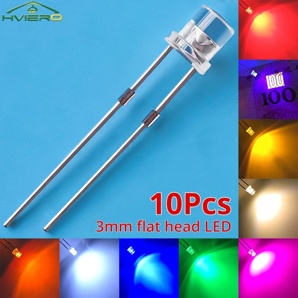 10/20PCS F3 3 millimetri Ultra Luminoso Piatto Testa Superiore Bianco Rosso Blu Arancione UV Rosa Diodi Lampadine Grandangolo Lampade Emettitore di Luce Diodi Led