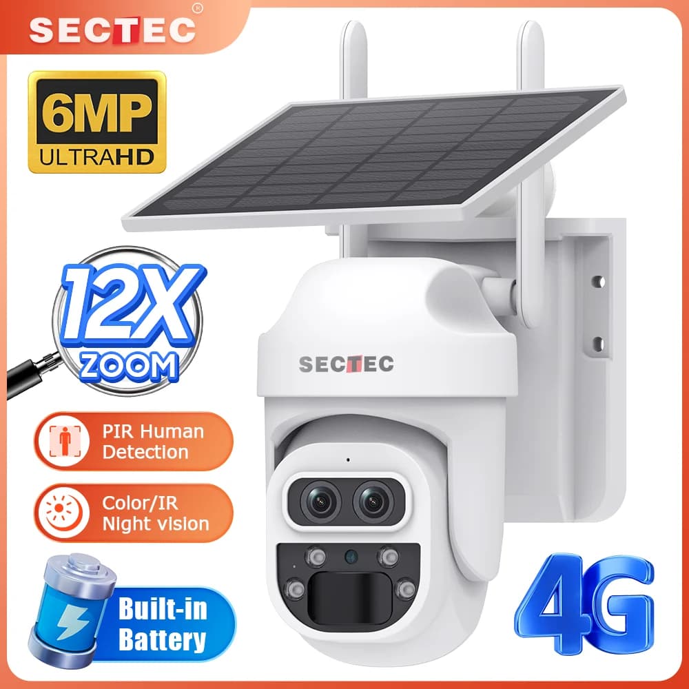 SECTEC 6MP 12X Zoom WIFI Solar cctv batteria telecamera PTZ telecamera di sicurezza Wifi telecamera di videosorveglianza esterna scheda Sim 4G