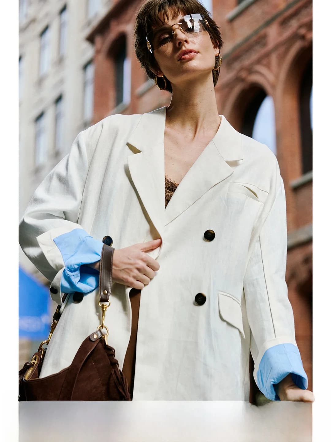 Luna7xi Linen Double-Breasted Women's Suiting Jacket Commute Loose Fit Classic Style Long Sleeve Pure Color Straight Cut