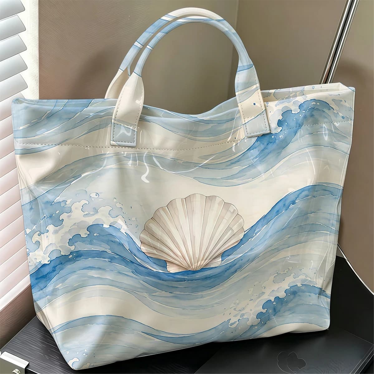 Ocean Wave Shell Fashion Large Glossy PVC Tote Bag Hand Washable Waterproof Perfect Travel Commute Cosmetic Storage Shopper