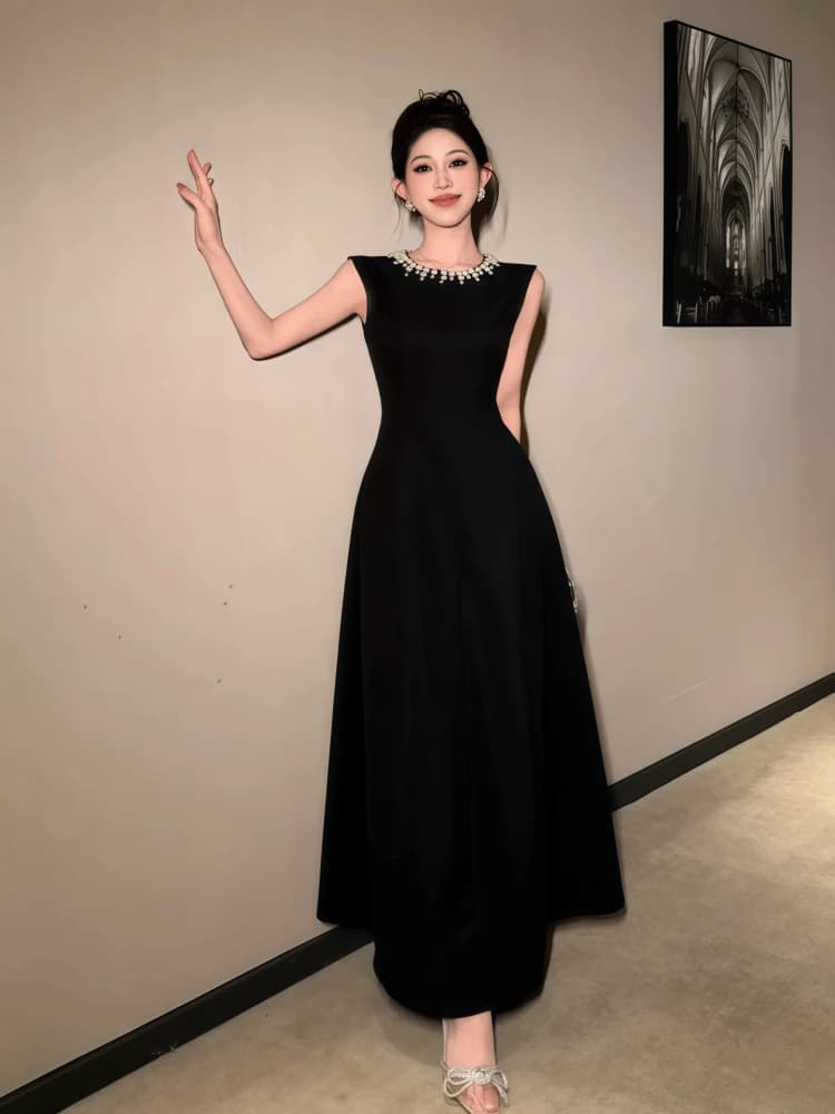 Elegant Black Long Dress Style Women's Fashion High Waist A-Line Skirt Evening Gown Luxury Minimalist Ladylike