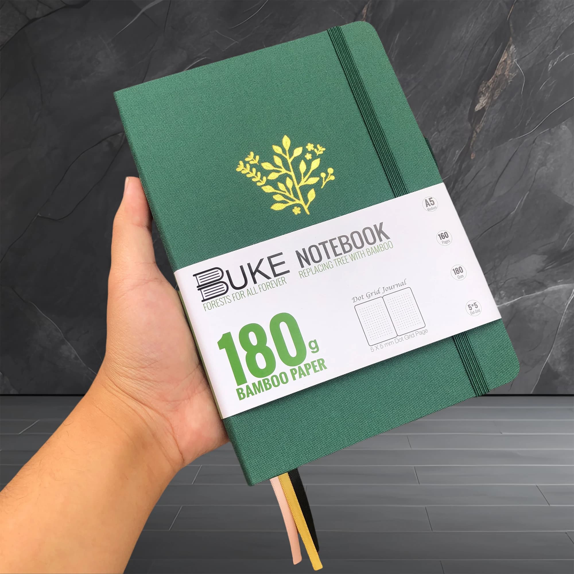 BUKE 180gsm BAMBOO PAPER Dot Grid JOURNAL Dotted Notebook Drawing Books - Forest Green Color