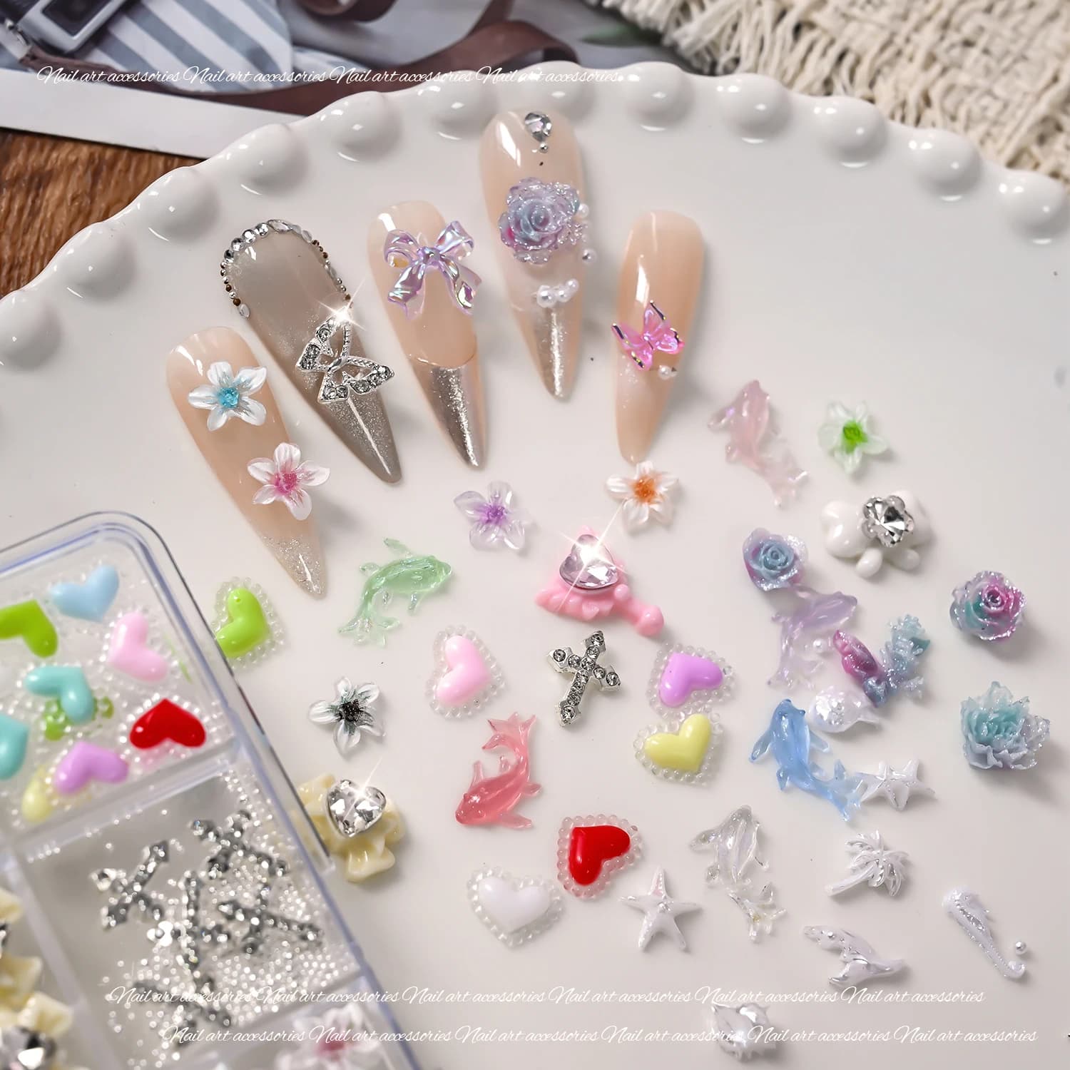 1Box Floral & Heart Nail Charms Transparent Crystal Rhinestones Nail Ornaments Cute 3D Nail Art Decorations for Wedding & Daily*