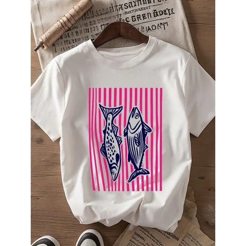 American Retro Summer 100% Pure Cotton Fun Marine Creature Fish Pattern Printed Harajuku Loose Women's Round Neck T-shirt