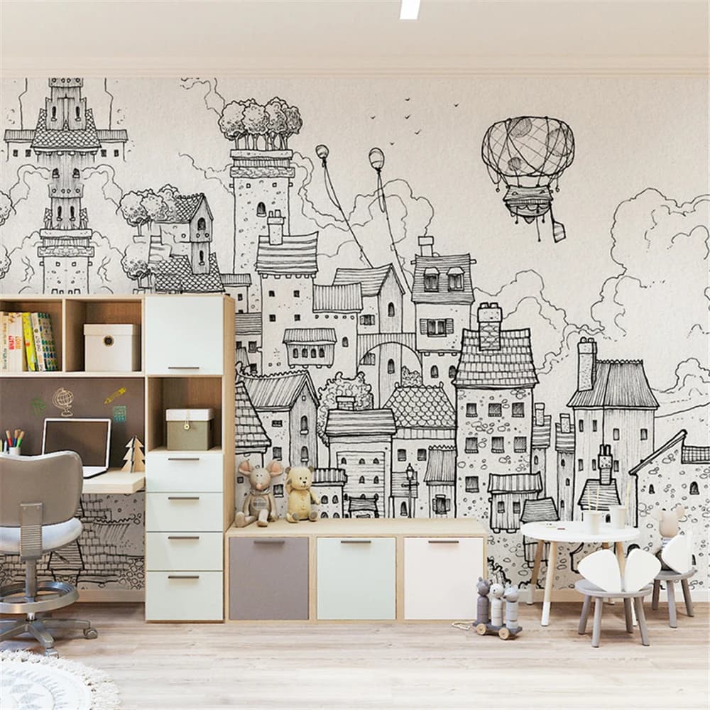 Personalizzato in bianco e nero building house cartoon wallpapers camera dei bambini carta da parati camera da letto della ragazza carta da parati murale scuola materna