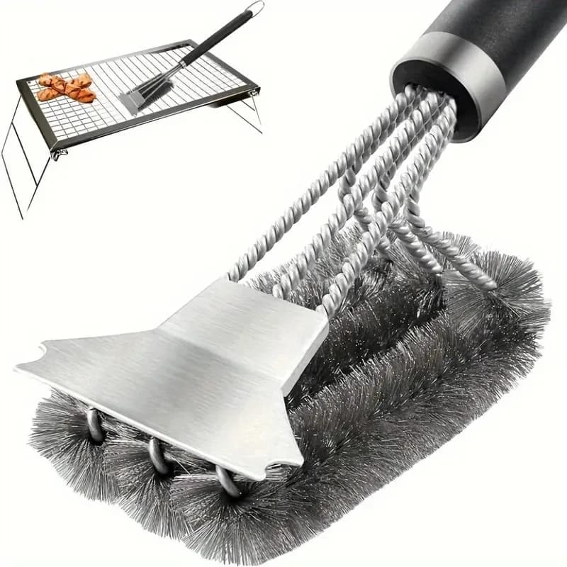 Spazzola e Raschietto per Barbecue con Setole Metalliche, Pulitore Triplo Sicuro ed Efficiente per Griglie, Strumento Essenziale per Barbecue all'Aperto