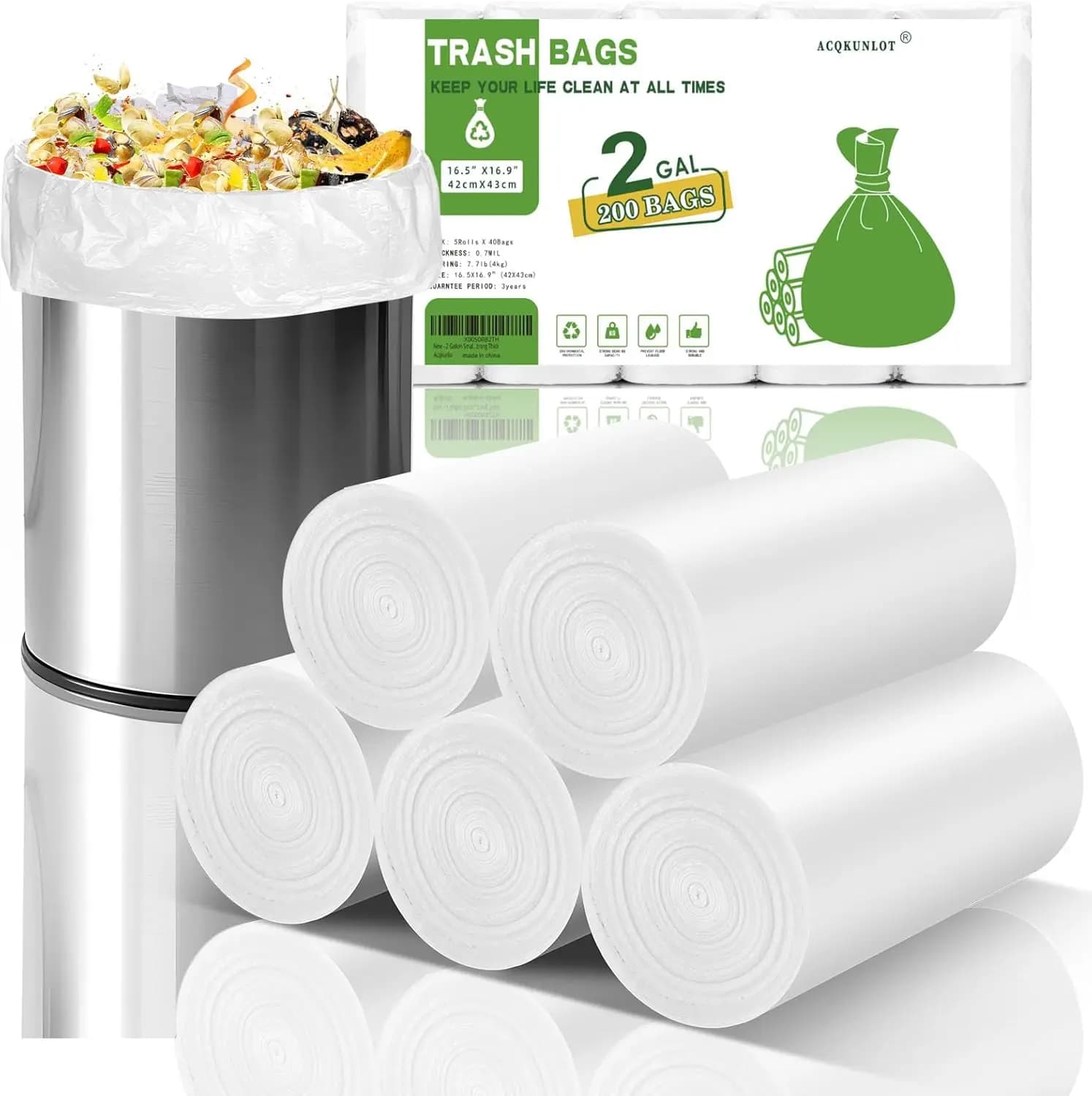 Sacchetti per la Spazzatura da 2 Galloni per Bagno - Mini Sacchetti Biodegradabili Bianchi per Rifiuti, 200 Pezzi, per Cucina, Ufficio, Auto
