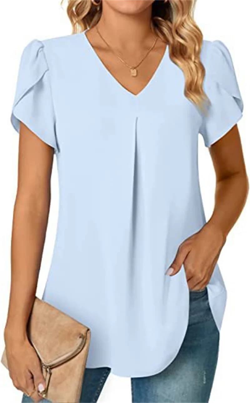 Camicetta a maniche corte con volant con scollo a V Sexy camicie estive da donna con scollo a V tinta unita camicetta da allenamento allentata OL top