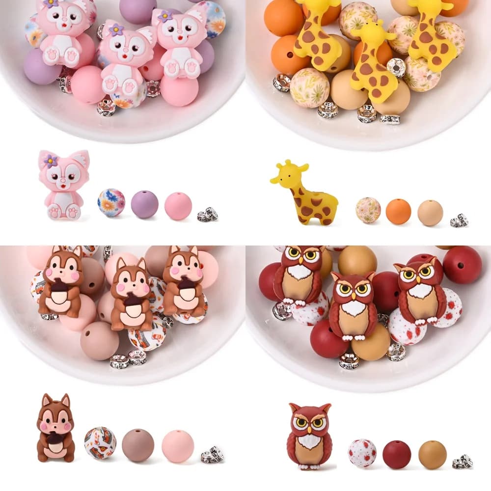 15 perline in silicone a forma di animali dei cartoni animati, rotonde da 15 mm, per la creazione di gioielli fai da te, penne con perline, clip per ciucci e accessori.