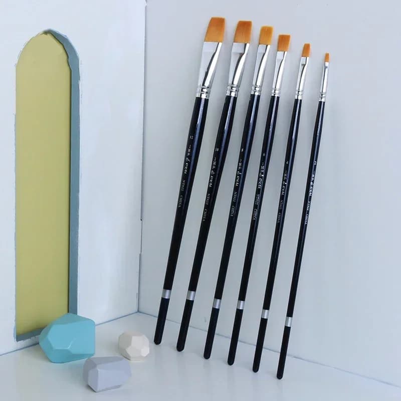 6 pcs set Artist supply Long birch rod nylon hair Flat head paint brush gouache watercolor acrylic painting brush art supplies