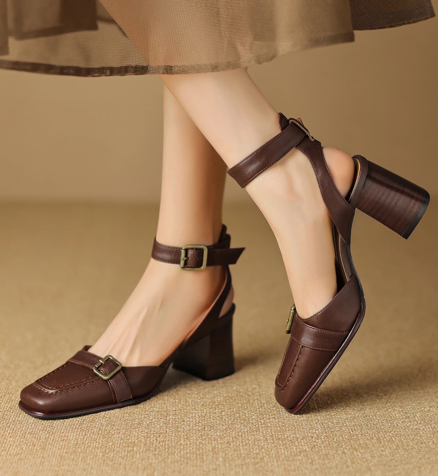 EAGSITY cow Leather wood grain block heel sandals chunky heel women shoes square heel sandals strap pumps platform sandals