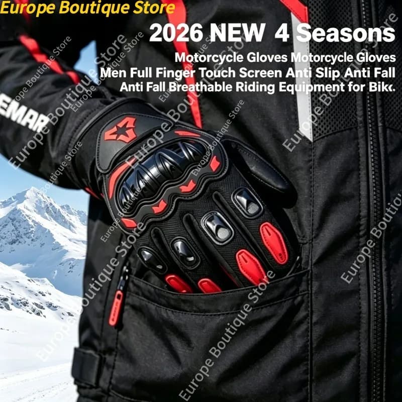Guanti da Moto per Uomo, 4 Stagioni, Dita Intere, Antiscivolo, Anticaduta, Touch Screen, Traspiranti, Attrezzatura da Guida