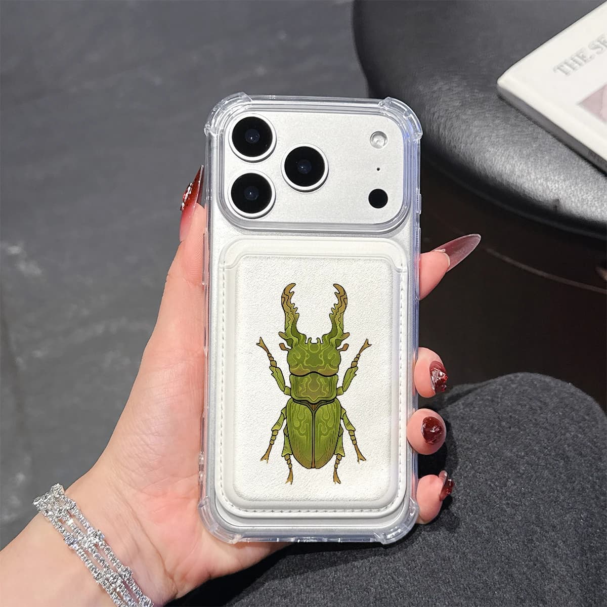 Custodia per telefono Green Stag Beetle per iPhone 17 16 15 14 13 Pro Max Plus, con tasca portafoglio, trasparente in morbido TPU, compatibile con custodie magnetiche