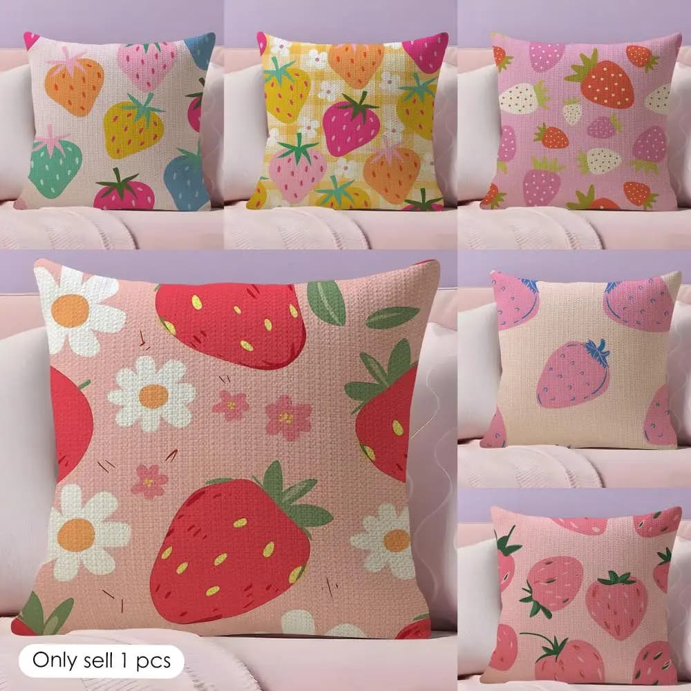Cute Strawberry Cushion Cover Summer Coolness Linen Fabric Double-Sided Printing Pillow Case Sofa Home Decor Gift