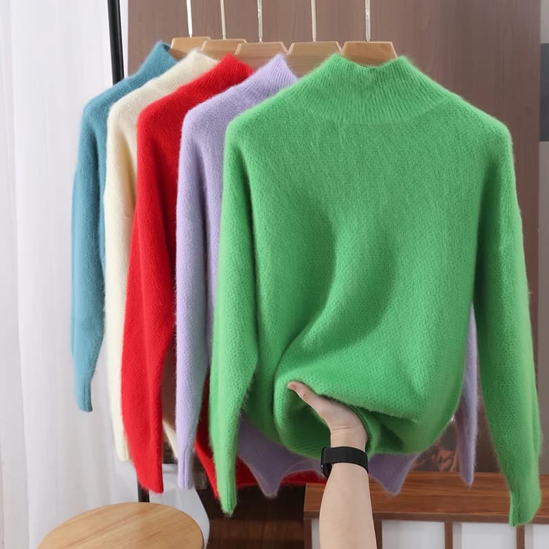 Winter Mink Wool Sweater Women's Semi-High Neck Pineapple Needle Thick Solid Color Sweater Loose Knit Bottoming Shirt