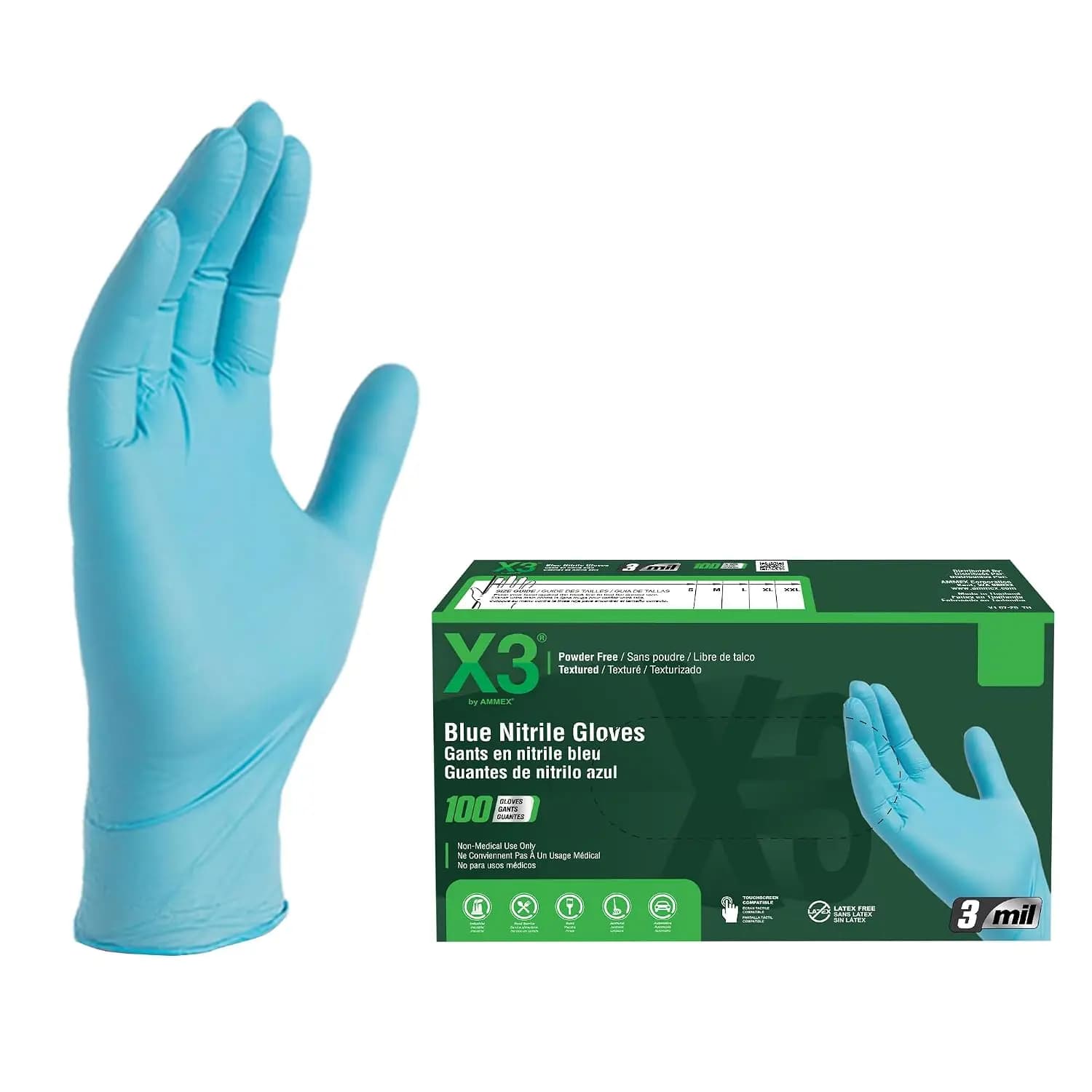 XX-Large Blue Nitrile Gloves, 3 Mil, 100-Pack, Latex Free, Powder Free, Textured, Disposable, Food Safe