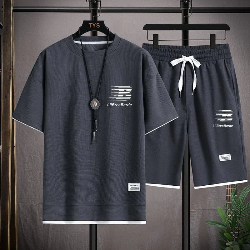 Fashionable casual shorts and T-shirts, suitable for male sports, simple and comfortable summer waffles.