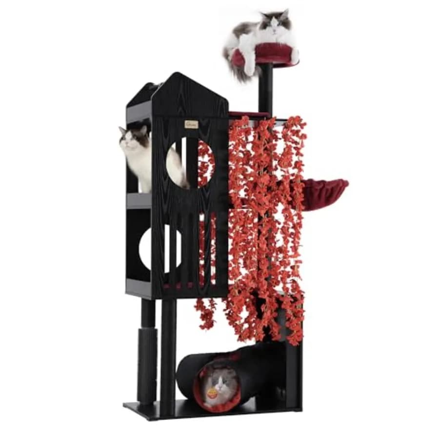 Albero per Gatti Gotico 67 per Gatti da Interno, Grande Torre per Gatti Maine Coon 20 lbs+ (circa 9 kg), Nero Rosso, Piattaforma Imbottita Extra-Large, con Sisal e Cuccia