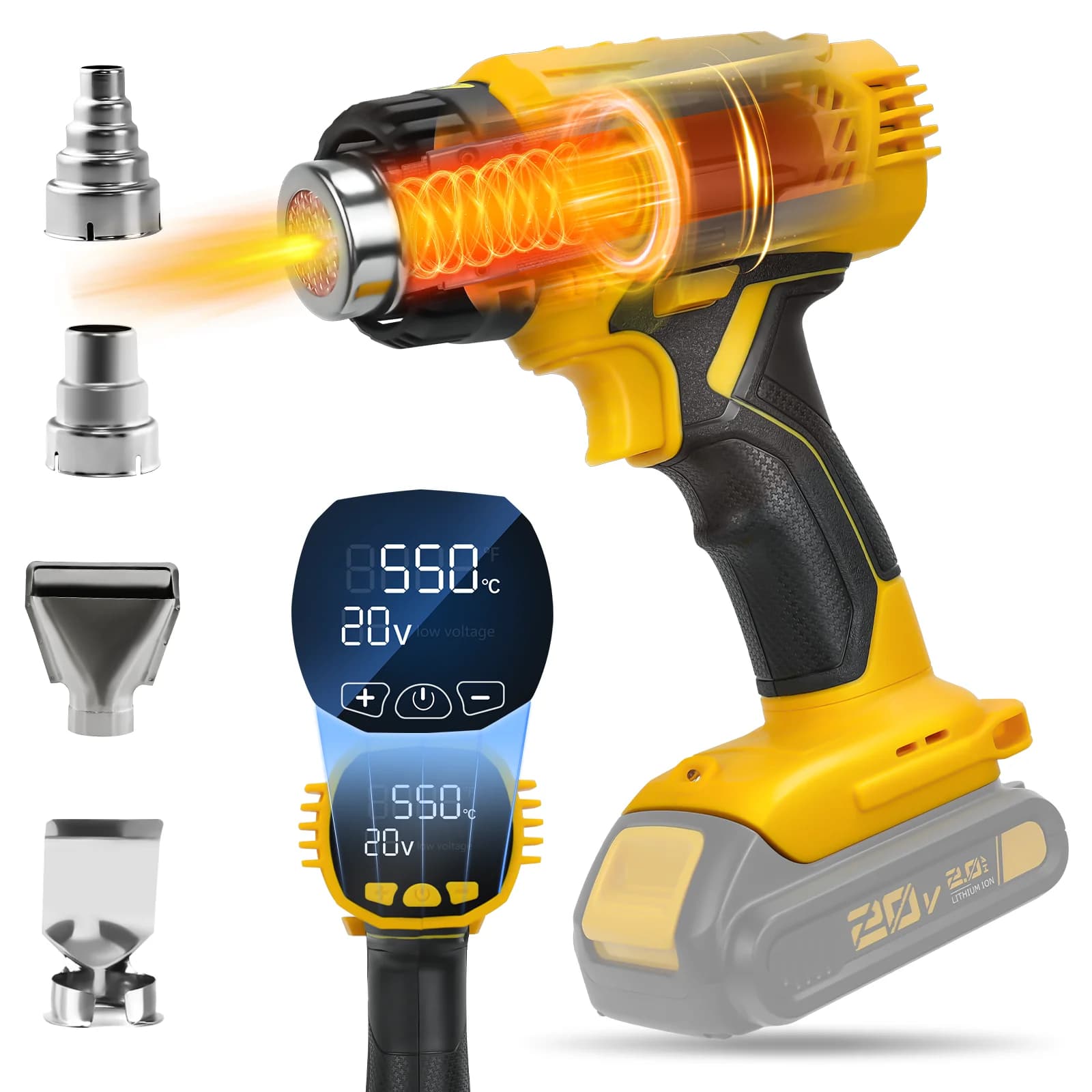 Pistola termica a batteria da 400 W 50 ℃ -550 ℃ Temperatura variabile con display digitale LCD Pistola ad aria calda per saldatura per perno batteria Dewalt 20V