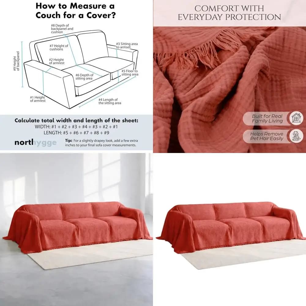 Covered Boho with 4 layers 100% Cotton, for Sofa L, Width 91, Terracotta, 91x134/230x340cm