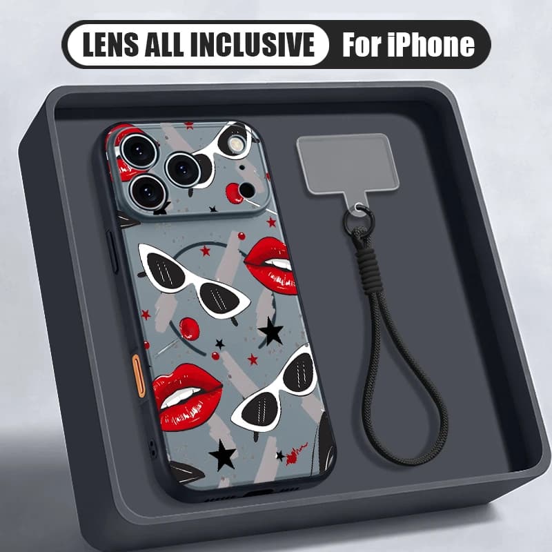 Custodia per telefono con cordino magnetico e motivo labbra rosse per iPhone 17 Pro Max 16 15 14 13 Pro Max, compatibile con ricarica wireless MagSafe, cover rigida in PC