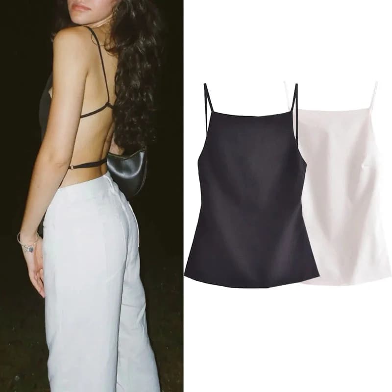 MUJER 2025 Top senza schienale nero Top corto senza maniche bianco femminile con cinghie Top sexy estivi Top da sera da donna per feste da donna