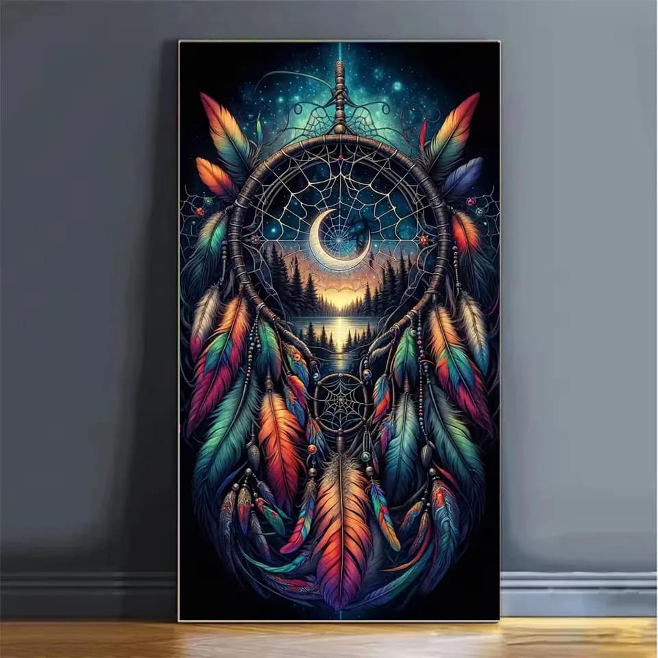 Diamond Painting Art DIY Colorful Dream Catcher Feather Diamond Embroidery Kit Wolf Square Round Mosaic Rhinestone Cross Stitch
