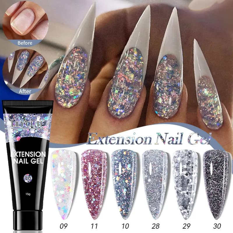 LILYCUTE 15ML Argento Glitter Colore Estensione Rapida Gel Smalto per Unghie French Finger Prolungare Unghie in Cristallo Acrilico Smalto Gel Duro