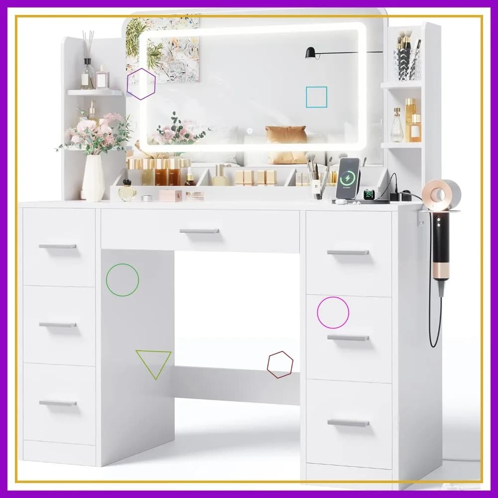 Modern toe with LED Mirror, Multi-Port and Container, 6 shelves and 7 Bedroom Drawers in White