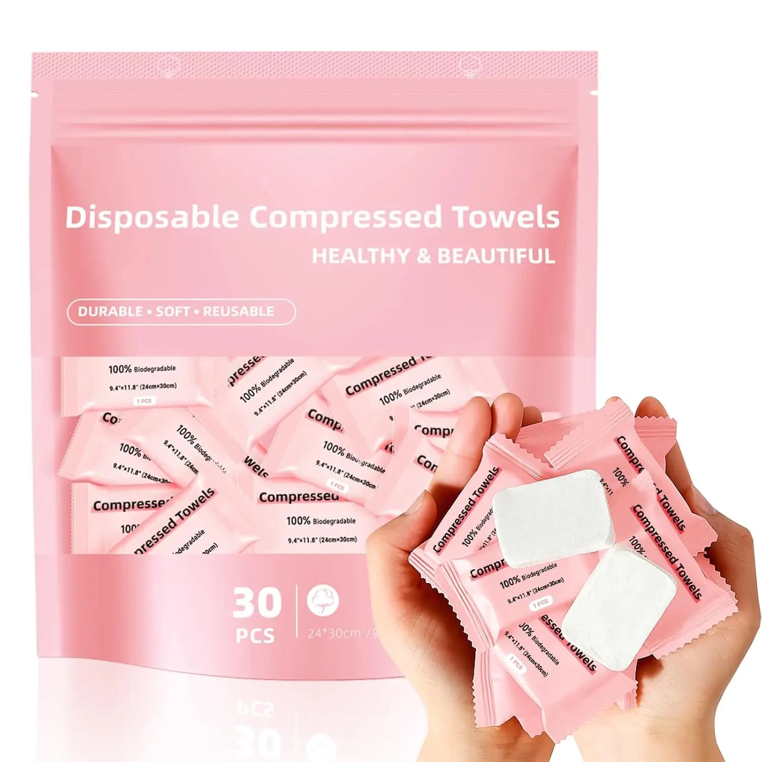 Salviette Viso Compresso Monouso, 30 Pezzi Grandi e Spesse per Viaggi, Campeggio, Esterni e Saloni di Bellezza