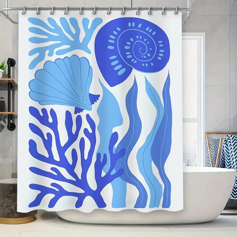 Tenda da doccia per vasca in corallo blu, tessuto impermeabile per la protezione dell'arredamento del bagno, design artistico moderno nella vasca bianca con