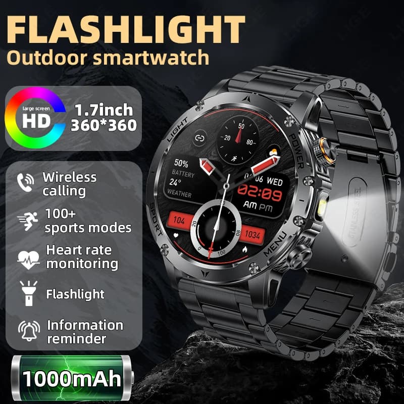 Smartwatch Durevole per Adulti, 1.7 Pollici, Impermeabile IP68, Chiamate BT, Sportivo, per Uomo, Sport all'Aperto, Batteria Grande da 1000mAh, 2026