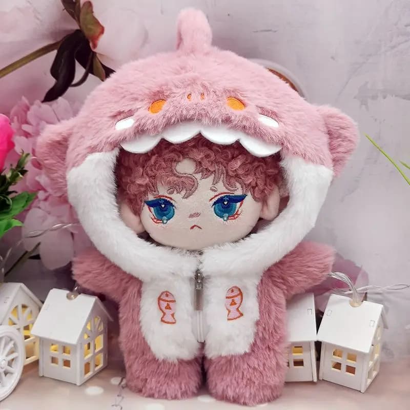 Vestiti per bambole a forma di squalo da 20 cm – Simpatico pigiama con cappuccio a forma di squalo per bambole in peluche di cotone da 20 cm, costume da animale kawaii, abbigliamento per bambole