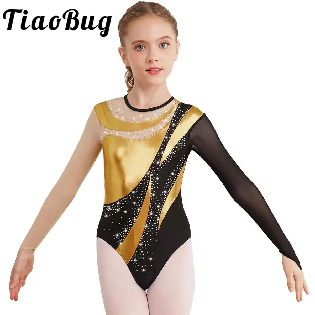 Body da ginnastica per bambina per bambini Body da balletto a maniche lunghe in maglia abbronzante con contrasto metallico Tuta da pattinaggio su ghiaccio