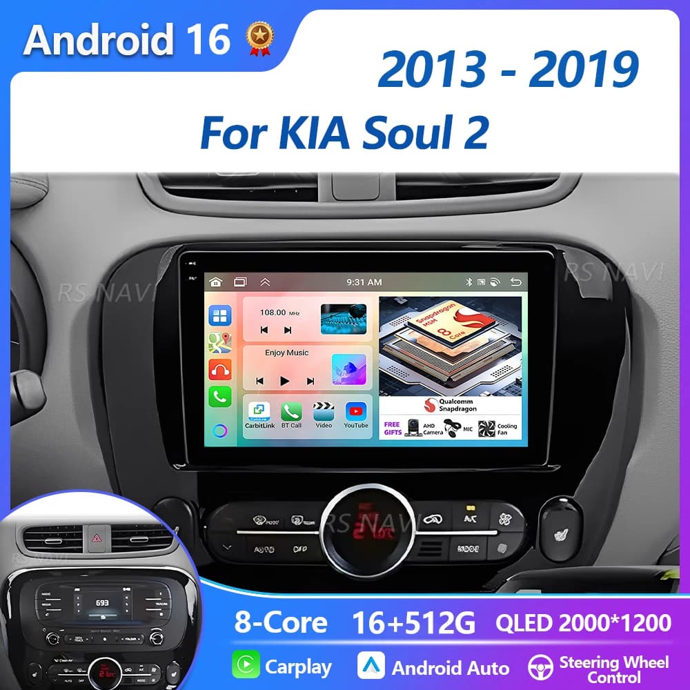 Autoradio Android 16 Carplay Auto Qualcomm con schermo QLED 2K Plug and Play per KIA Soul 2 2013-2019, GPS, stereo multimediale