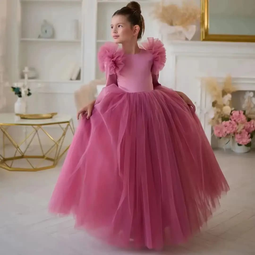 Abito da damigella rosa personalizzato con mezza manica e fiocco in tulle, elegante vestito per matrimonio, Prima Comunione, festa di compleanno, ballo di fine anno per bambini