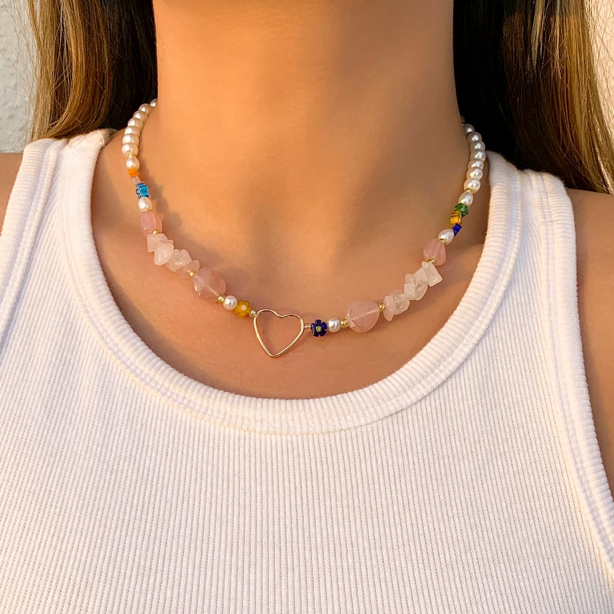New Korean Fashion Geometric Heart Irregular Stone Pendant Necklace Women Simulated Pearls Beaded Chain Choker Flowers Jewelry