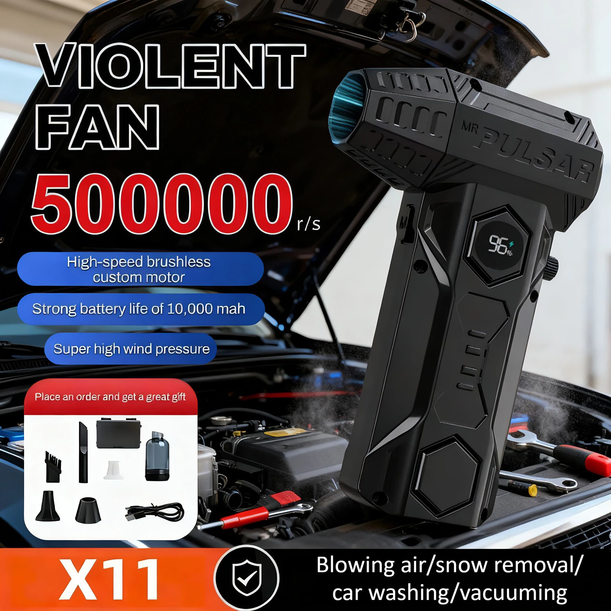 Ventilatore Storm Sky Tower, X11Pro, 55000 giri/min, soffiatore d'aria, pulitore per polvere e neve, con schermo LED, aspirapolvere per auto, 10000 mAh.